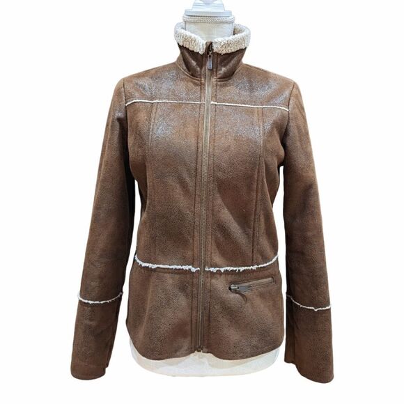 Prana Faux Suede Sherling Leather Sherpa Lining Dark Brown Zip Up Jacket Size XS - Picture 3 of 13